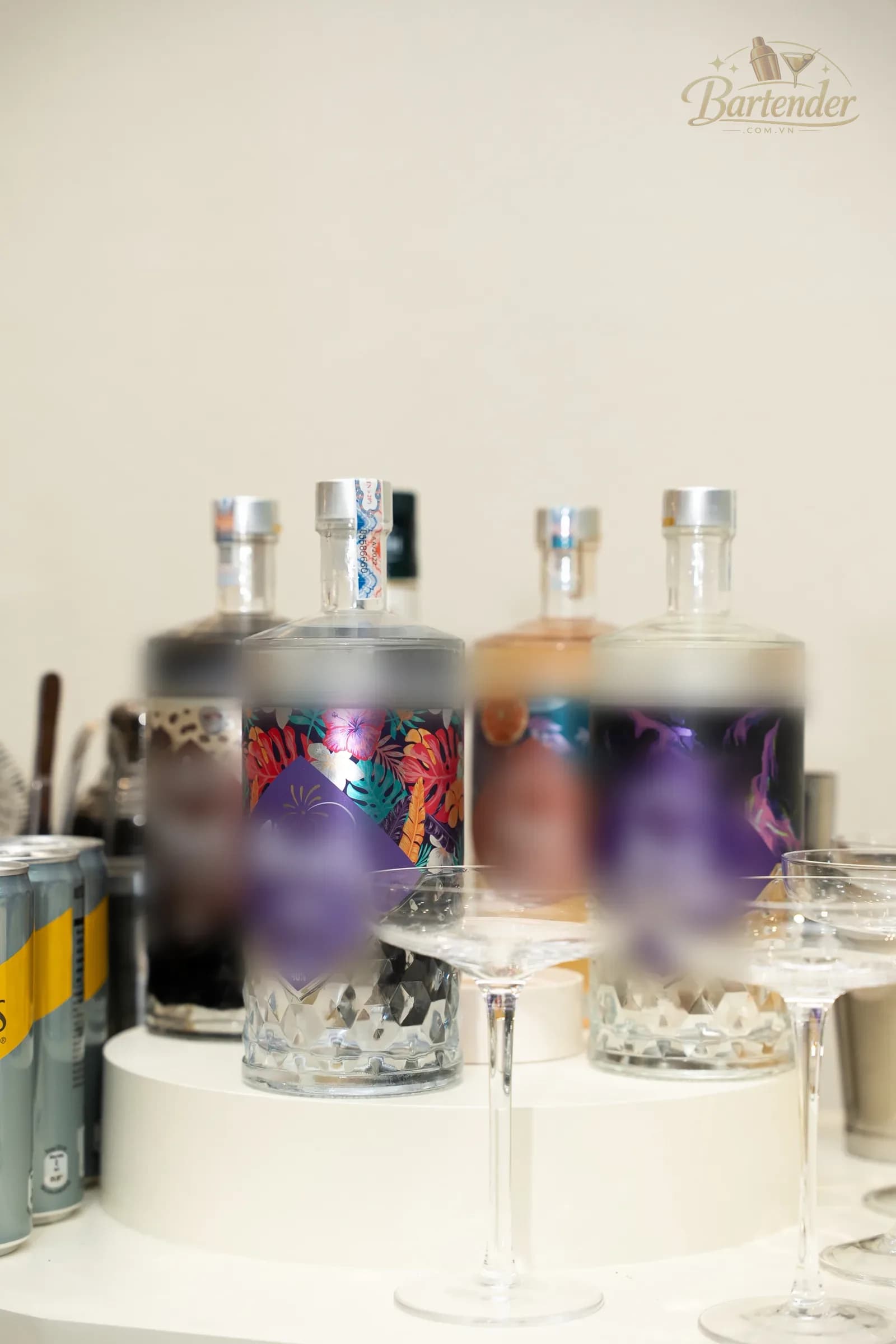 Ingredients and glassware prepared for the cocktail bar