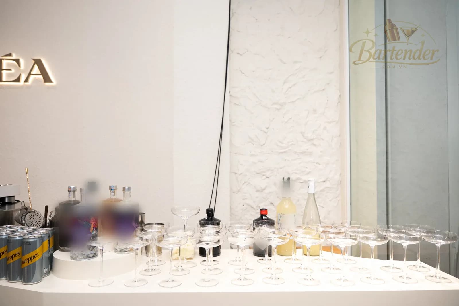 Cocktail bar built inside the Jenéa showroom with a row of coupe glasses